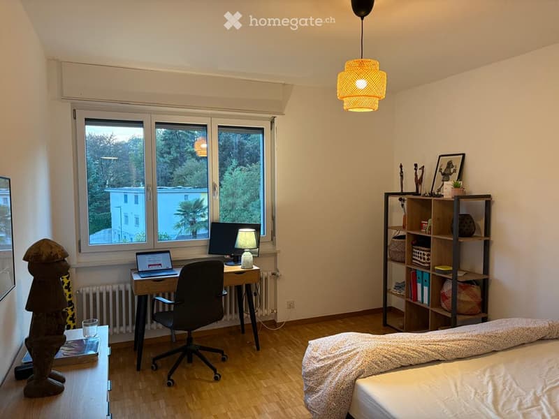 Cozy bedroom with a bed, desk with a laptop and chair, a wooden shelf with books and decorative items, and a hanging lamp.