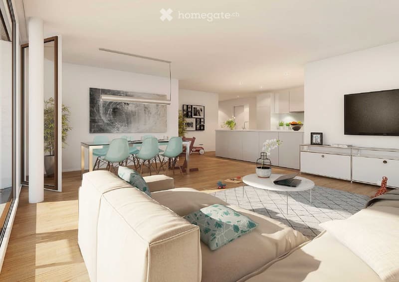 Modern open-plan living and dining area with a white sofa, coffee table, dining table with chairs, kitchen area, and a television. The space features wooden flooring, large windows, and decorative elements like a plant and artwork.