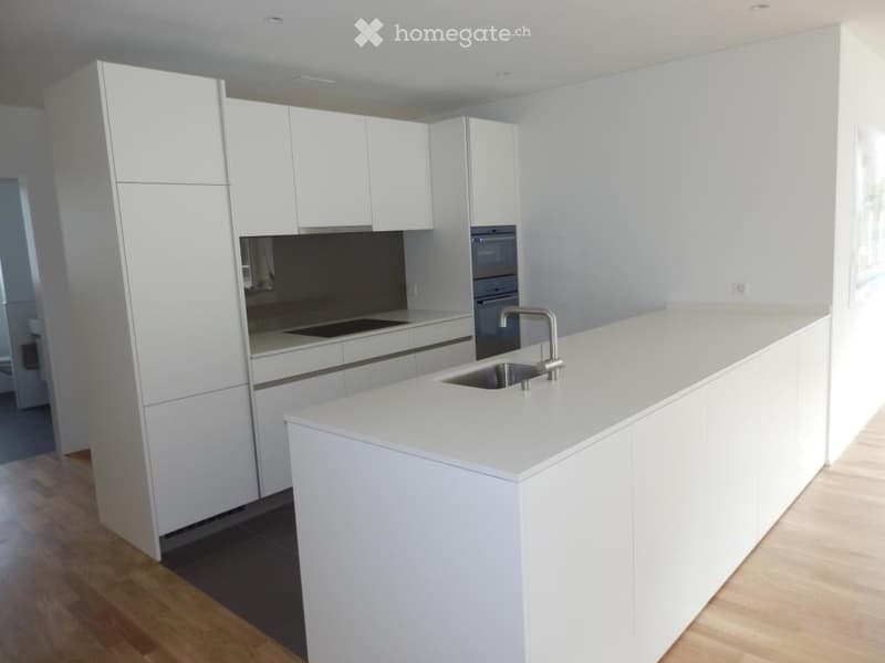 Modern kitchen with white cabinets, a central island, and built-in appliances including a sink, faucet, and oven.