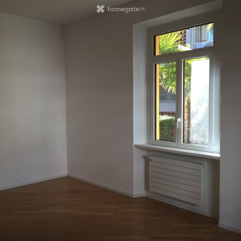 Empty room with wooden flooring, white walls, and a window with a radiator below it. The window offers a view of greenery outside.