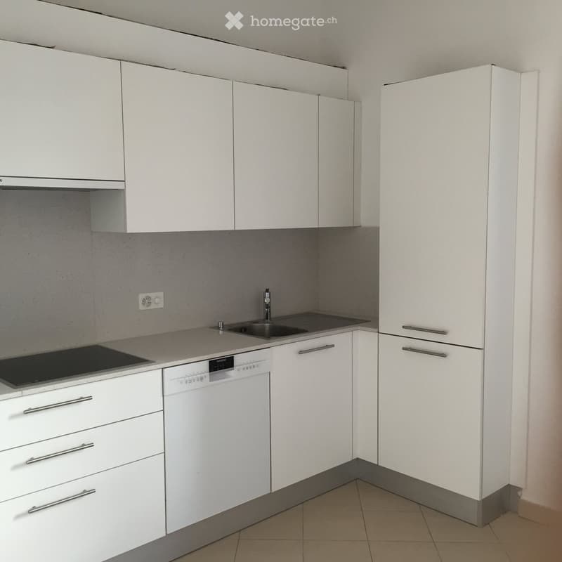 Modern kitchen with white cabinets, stainless steel appliances, and a grey countertop.