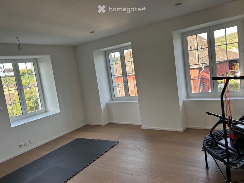 Exercise room with wooden flooring, large windows, exercise bike, and yoga mat.