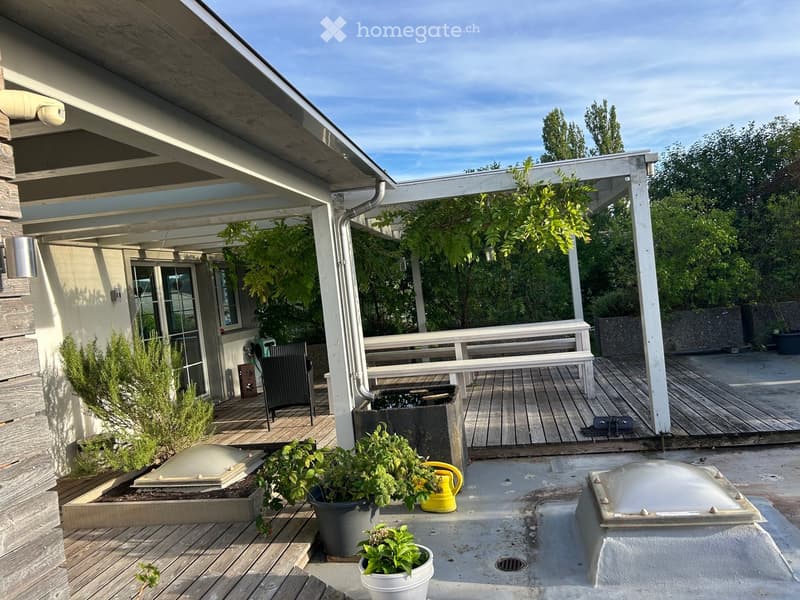 Wooden deck area with a covered patio, outdoor seating, potted plants, and a small water feature.