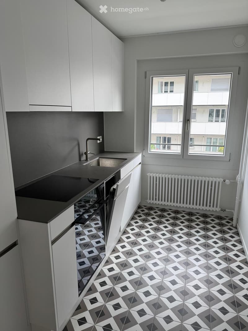 Modern kitchen with white cabinets, black countertops, geometric patterned floor, sink, faucet, and radiator.
