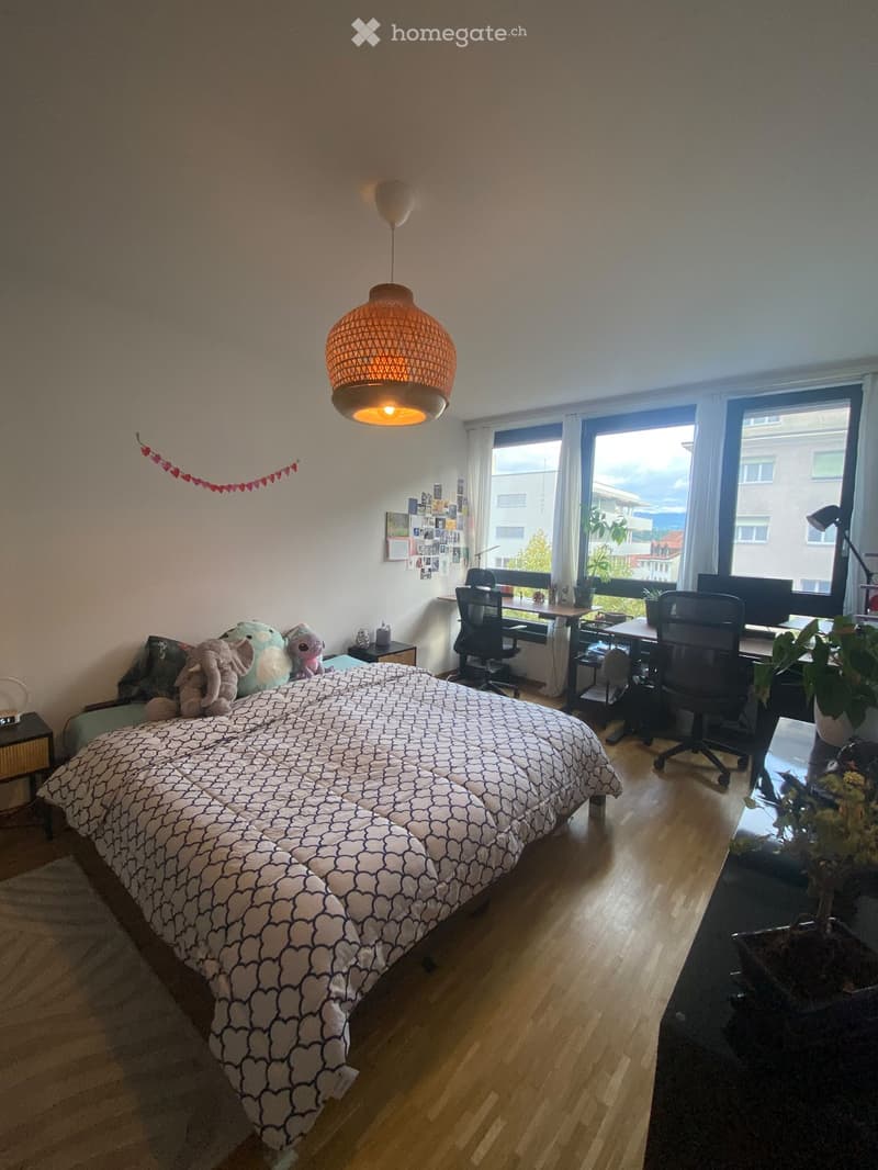 Cozy bedroom with a large bed, patterned duvet, desk with chairs, hanging lamp, and plants near the window.