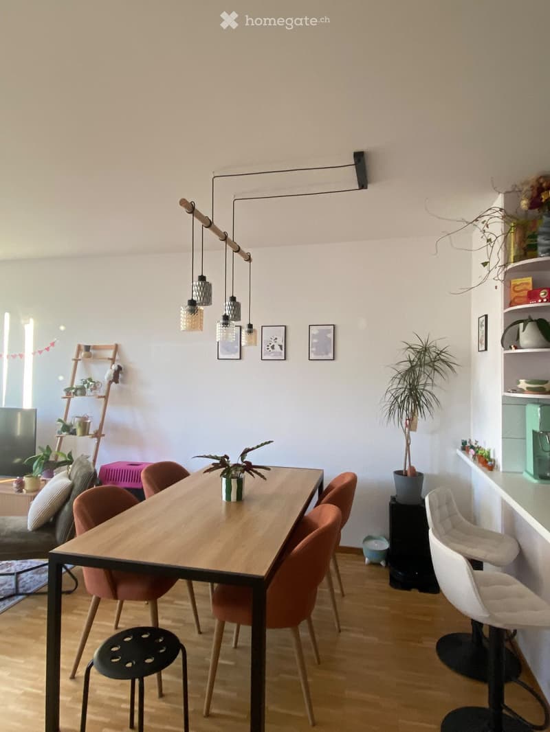 A modern dining area with a wooden table, multiple chairs, a stool, shelves with plants, and decorative items.