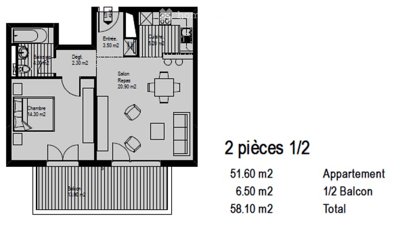 Floor plan of a 2-piece 1/2 apartment with a living room, bedroom, kitchen, and balcony.