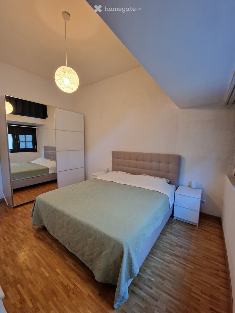 Cozy bedroom with wooden flooring, a large bed with a tufted headboard, a nightstand, a wardrobe with a mirror, and a modern pendant light fixture.