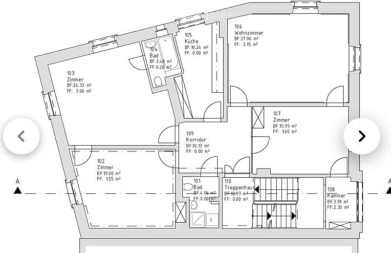 Floor plan of a residential unit showing multiple rooms including a kitchen, living room, bedrooms, and bathrooms.