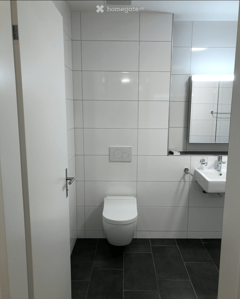 Modern bathroom with white tiles, black floor tiles, toilet, sink, mirror, and cabinet.