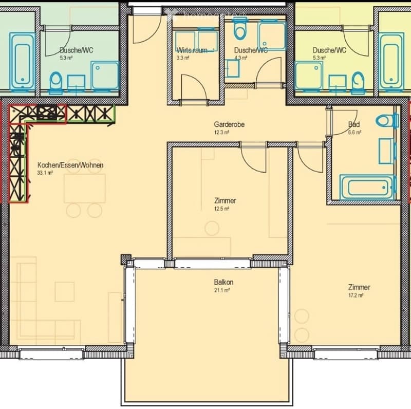 Floor plan of a multi-room apartment including kitchen, living area, bedrooms, bathrooms, hallway, and balcony.