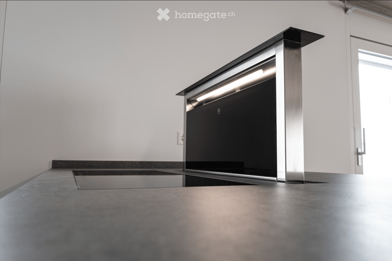 Modern kitchen with a built-in stainless steel dishwasher, sleek countertop, and bright lighting.