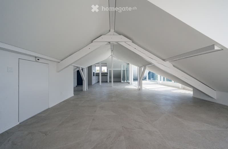 Open, minimalist space with a high, slanted ceiling and large windows allowing natural light. The floor is made of polished concrete tiles, and the walls are white. There are no visible furnishings or decorations.