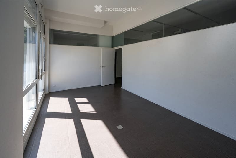 Empty room with white walls, dark flooring, large windows, and a door leading to another space.