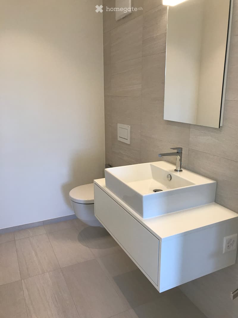 Modern bathroom with a white sink, chrome faucet, toilet, and a mirrored cabinet above the sink. Light-colored tiles and a sleek design.