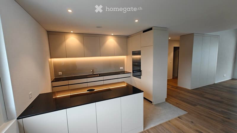 Modern kitchen with white cabinets, black countertops, and built-in appliances.