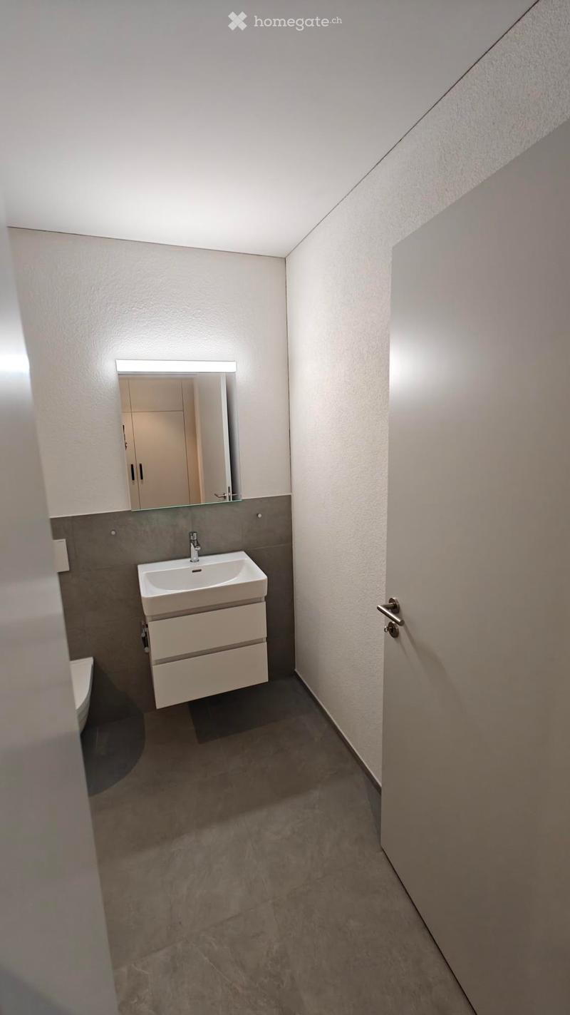 Modern bathroom with a white sink, mirrored cabinet, and grey tiled walls.