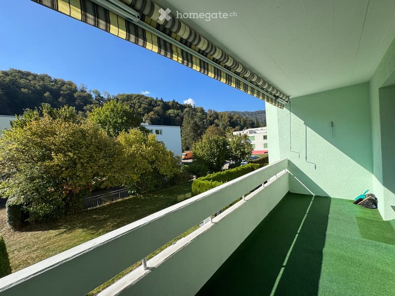Balcony with green walls, white railing, striped awning, and scenic view of trees and hills.
