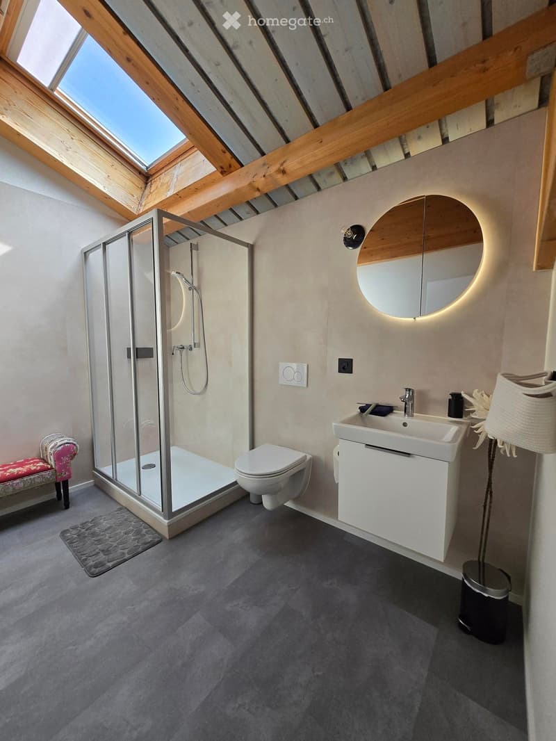 Modern bathroom with a glass-enclosed shower, toilet, sink with a vanity cabinet, and a round mirror with built-in lighting. The room features exposed wooden beams and a skylight, with a small bench and a decorative lamp visible.