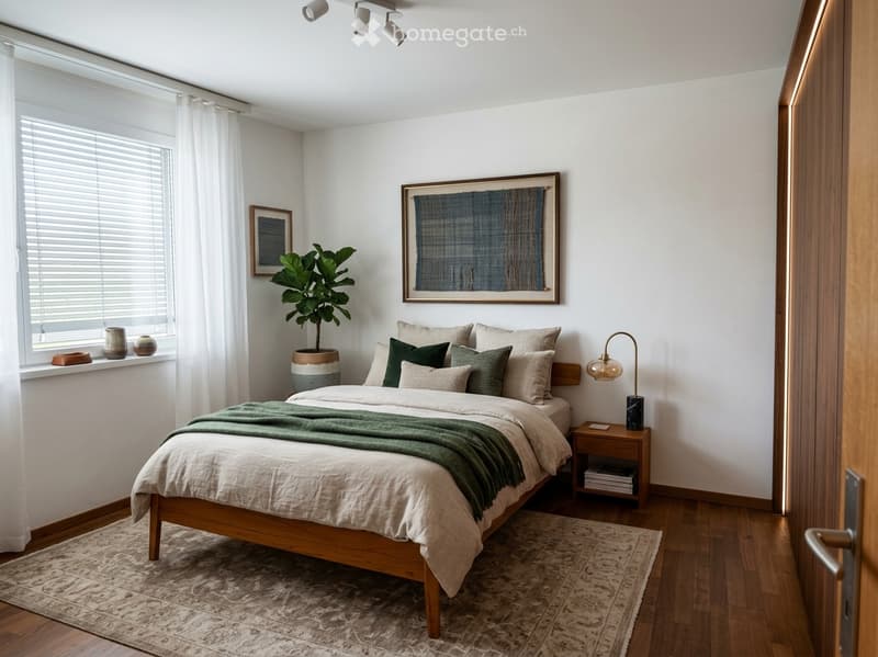 Modern bedroom with a wooden bed, nightstand, lamp, plant, and artwork on the walls.
