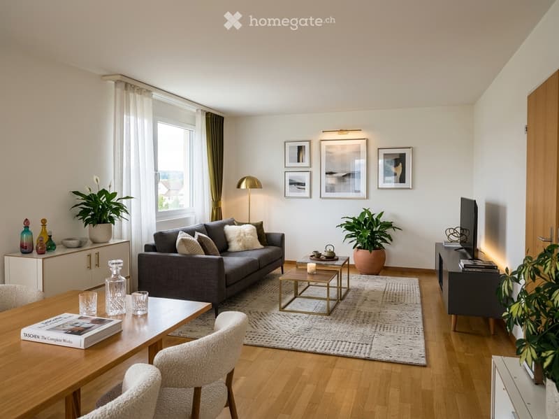 Modern living room with grey sofa, coffee table, wooden floor, large windows, decorative plants, and artwork on the walls.