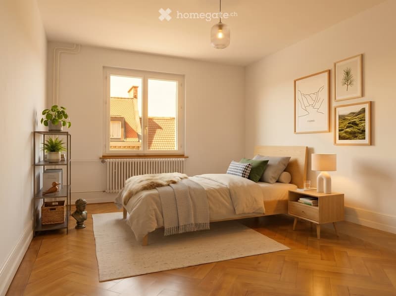 Cozy bedroom with wooden flooring, large window, bed with pillows and blankets, nightstand with lamp, shelf with plants and books, and framed artwork on the wall.