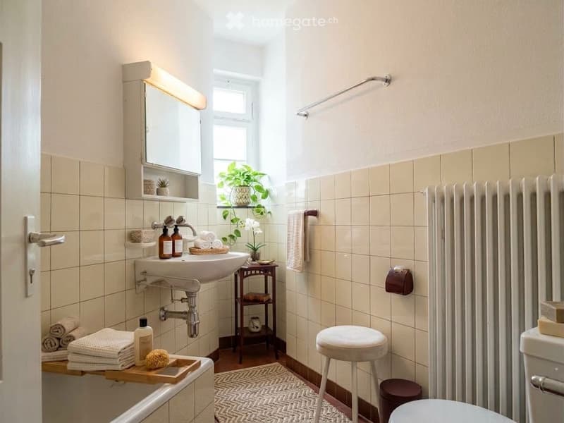 A modern bathroom with a sink, mirror, stool, toilet, radiator, and decorative plants. The space features tiled walls, a window, and neatly arranged towels and toiletries.