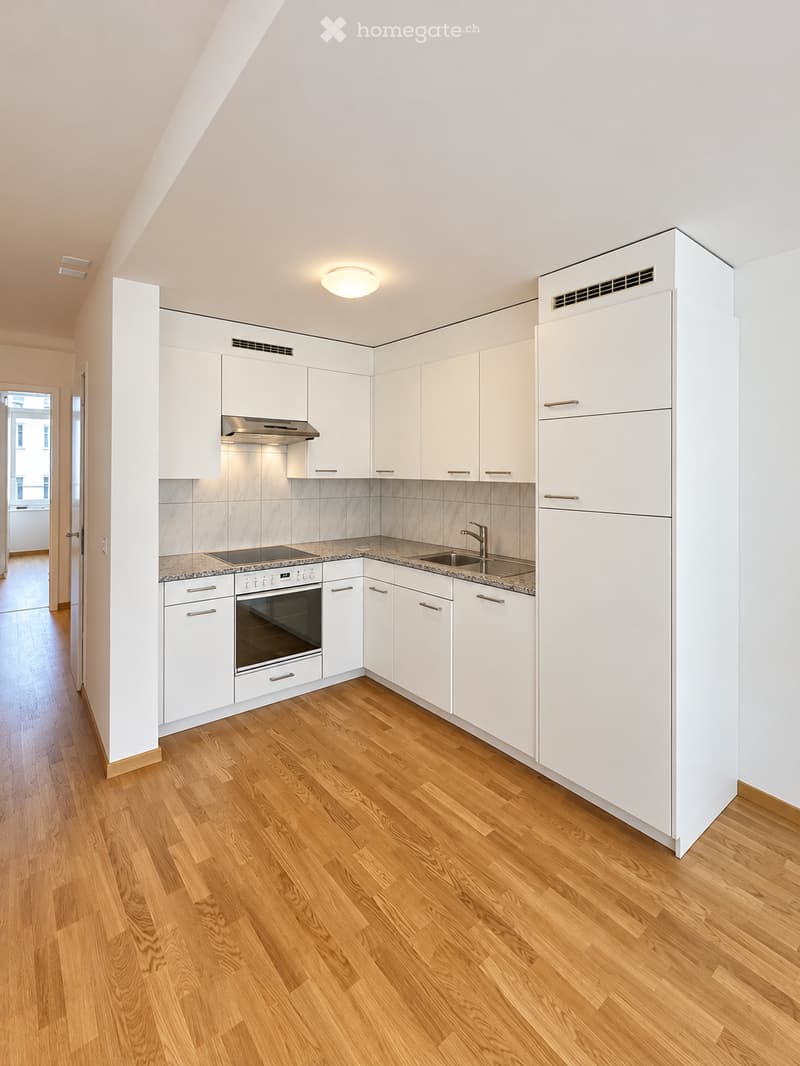 Modern kitchen with white cabinets, wooden flooring, stainless steel oven, sink, and faucet.