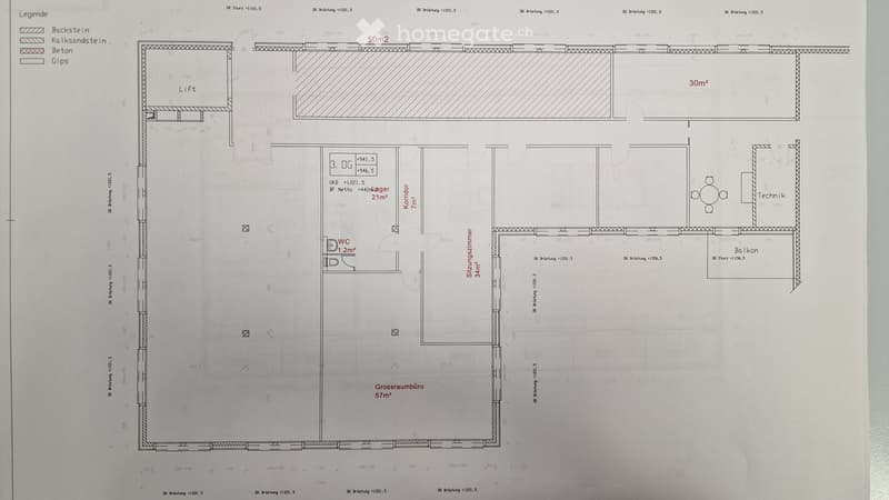 Floor plan showing a layout with a large office space (57m²), a sitting room (34m²), a WC (1.2m²), a corridor (7m²), a balcony, a lift, and a technical room.