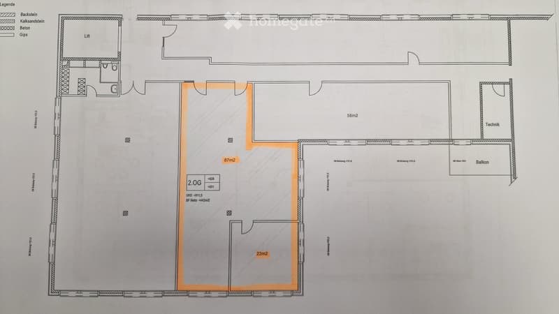 Floor plan of a 2nd floor apartment with a living area (87m2), bedroom (22m2), balcony, and technical room.