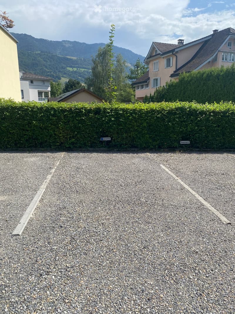Gravel parking area in front of a hedge with houses and mountains in the background.