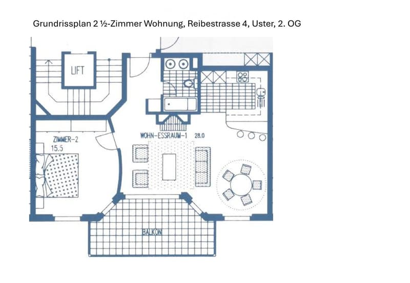 Floor plan of a 2.5-room apartment on the 2nd floor, featuring a living-dining room, bedroom, balcony, and elevator access.