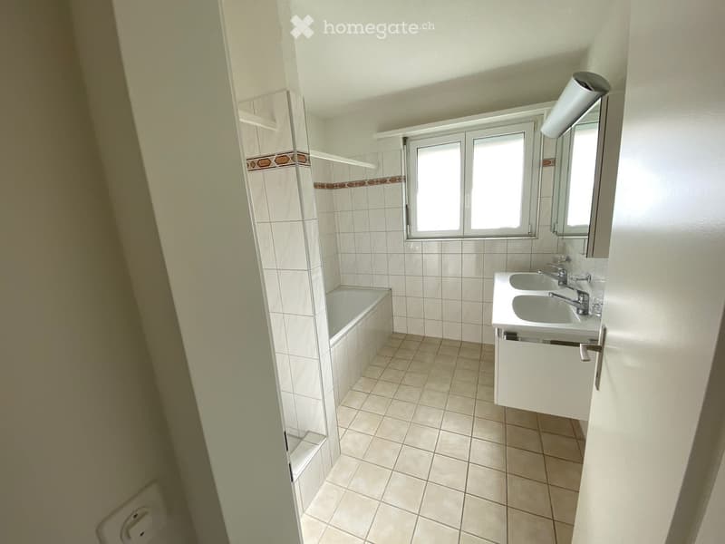 Bathroom with shower enclosure, bathtub, double sink, mirror, and power outlet.