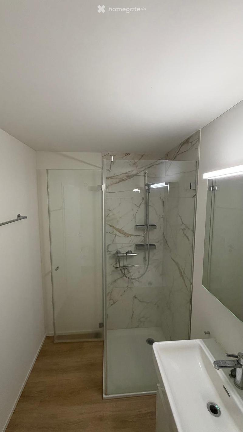 Modern bathroom with a white sink, chrome faucet, glass-enclosed shower with marble tiles, and a large mirror above the sink.