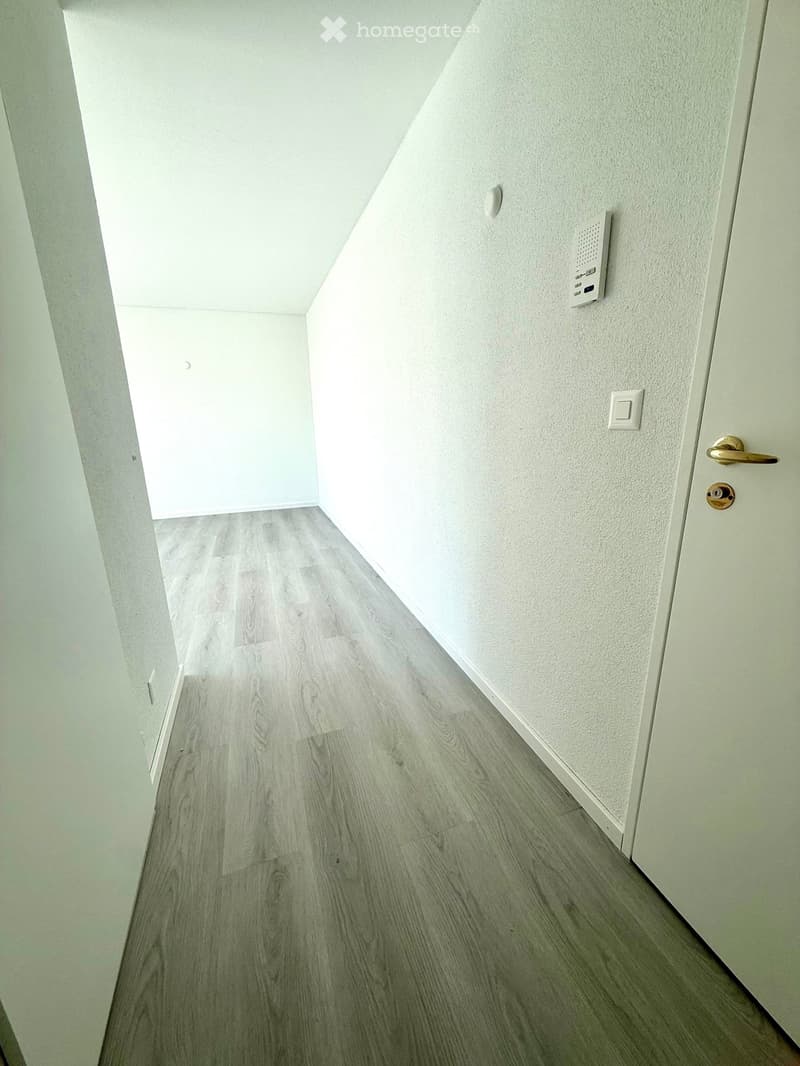 Empty hallway with light grey wooden flooring, white walls, and a closed door with a gold handle on the right side.