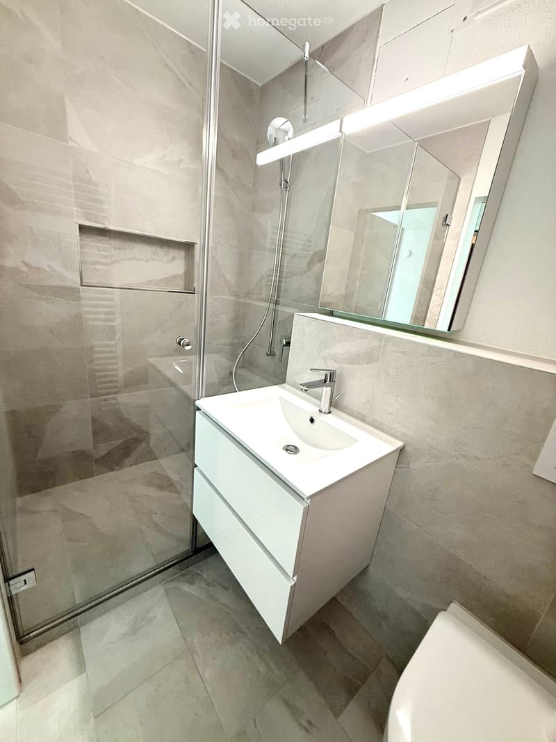 Modern bathroom with a white sink, chrome faucet, large mirror, and a glass-enclosed shower area.
