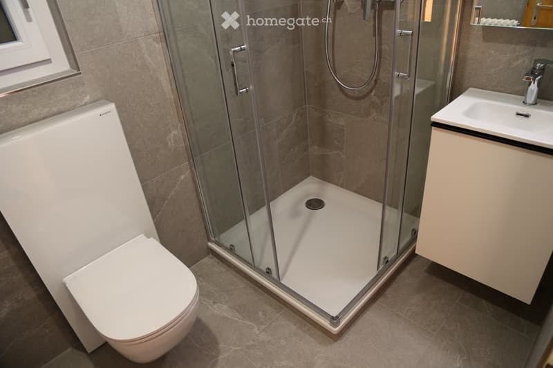 Modern bathroom with a white toilet, a glass-enclosed shower, a sink with a cabinet, and a window providing natural light.