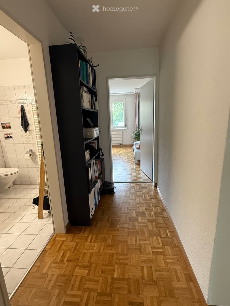 Hallway with wooden herringbone flooring, leading to a bathroom and another room. Features a tall bookshelf with books and a small plant in the adjacent room.