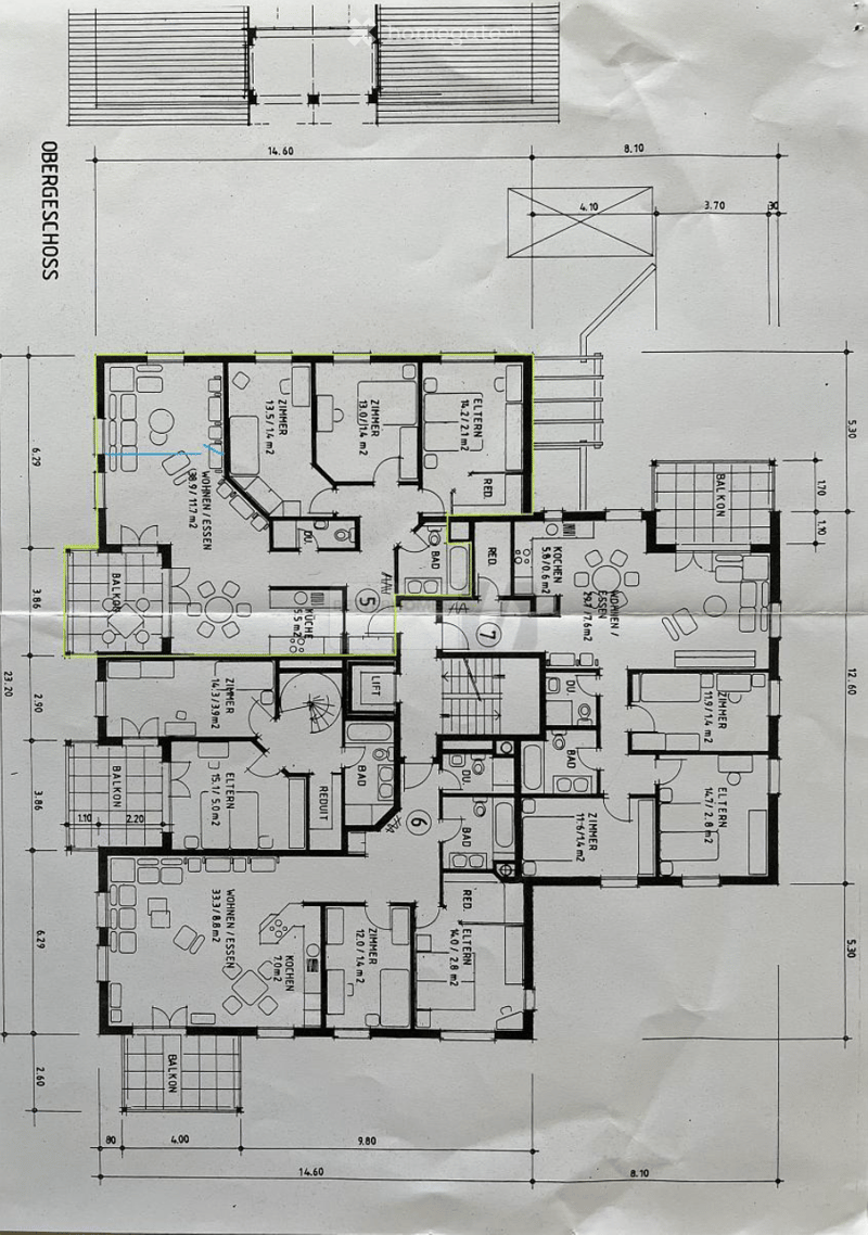 Floor plan of a multi-room residential space, including living room, dining area, kitchen, bedrooms, bathrooms, and balconies.