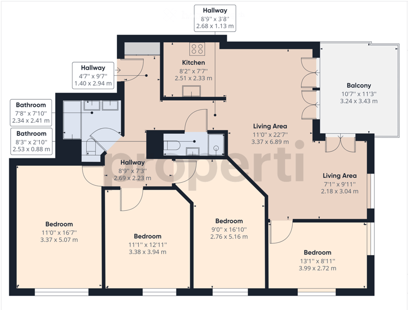 Floor plan showing a layout with multiple rooms including a kitchen, living areas, bedrooms, bathrooms, and a balcony.