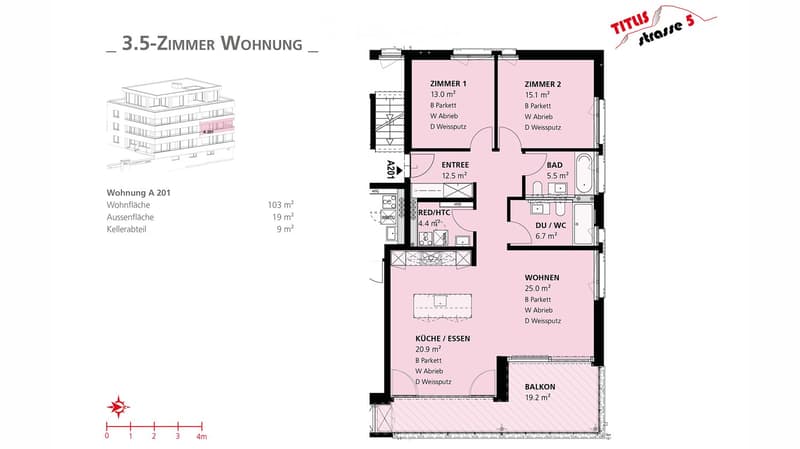Floor plan of a 3.5-room apartment with living area, kitchen, two bedrooms, bathroom, and balcony.
