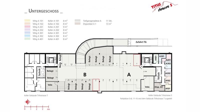 Floor plan of the basement level showing multiple apartments (Whg A 101 to A 401), corresponding cellars, designated parking spaces, and technical areas.
