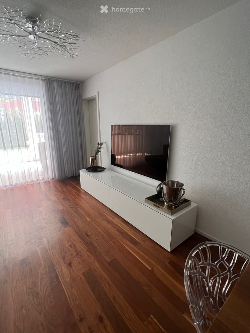 Modern living room with wooden flooring, white cabinet, television, decorative vase, and a sleek chair.