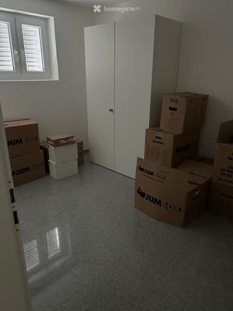 Empty room with a polished concrete floor, white walls, a large white closet, and several cardboard boxes stacked around the space.