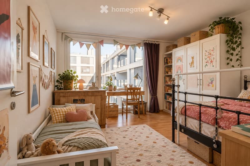 Cozy children's bedroom with two single beds, a desk, bookshelf, and decorative elements like framed pictures and plants.