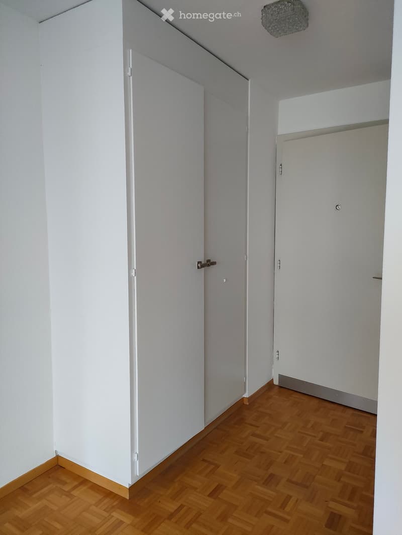 Empty room with wooden flooring and white walls, featuring two closed doors and a slanted ceiling with a light fixture.