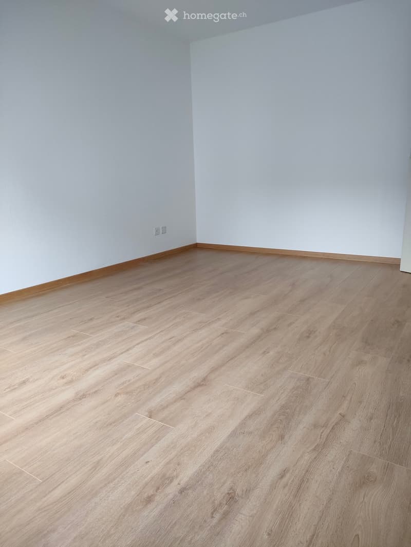 Empty room with light wooden flooring and white walls, featuring a baseboard trim and electrical outlets.