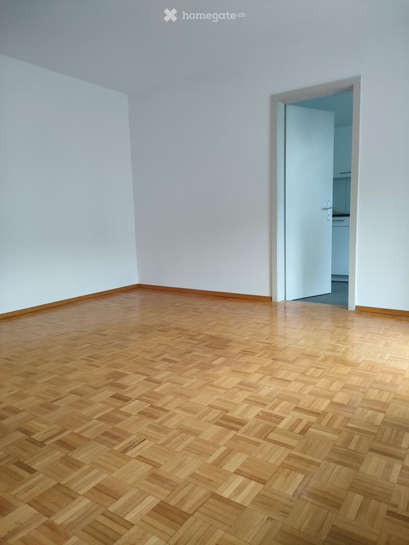 Empty room with light wooden herringbone flooring and white walls, featuring an open doorway leading to another room.