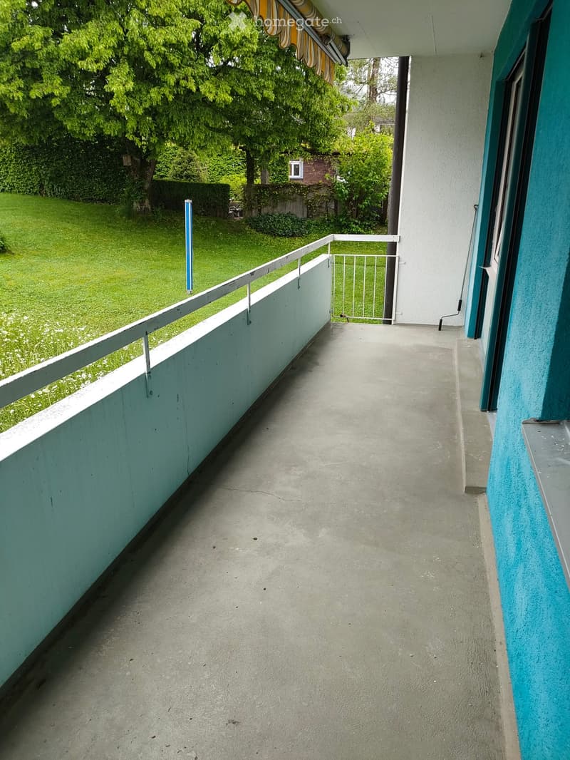 Balcony with white railing, light blue walls, and a view of a green lawn and trees.