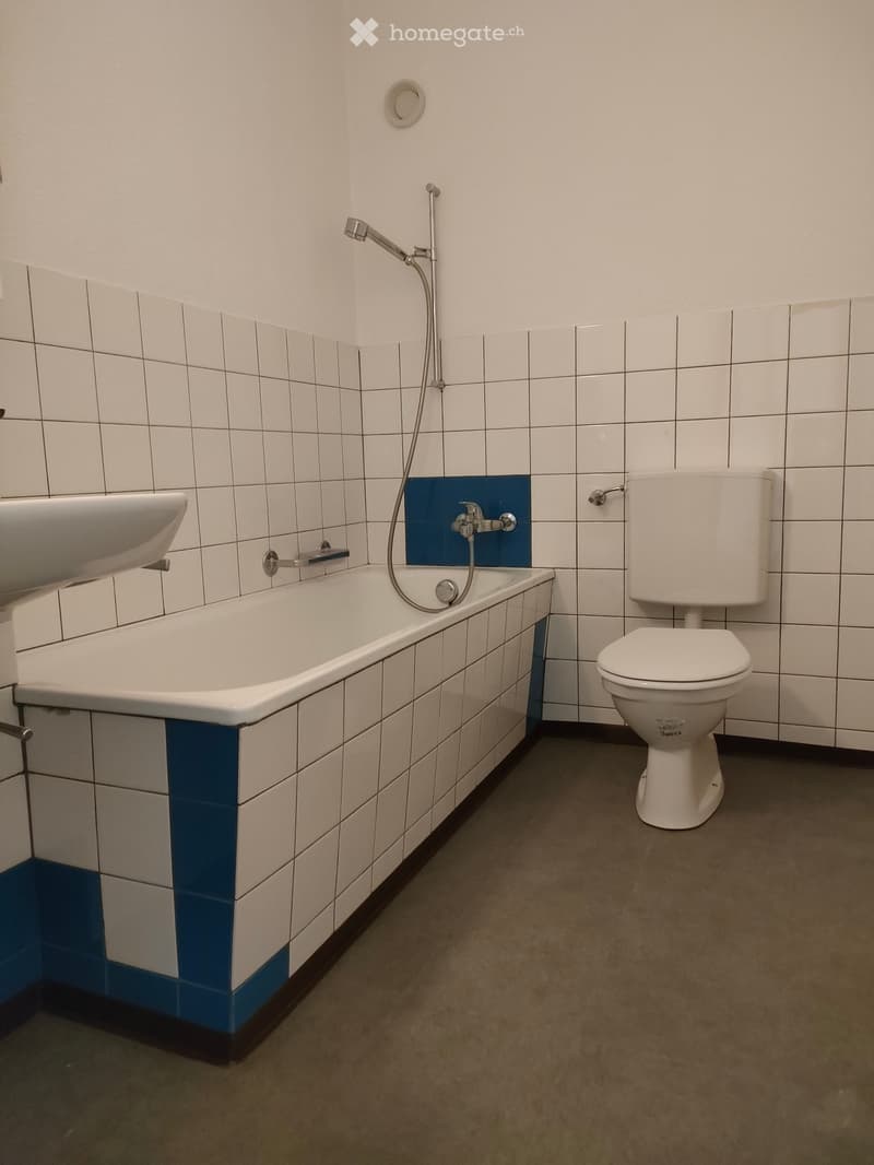 Bathroom with white tiled walls, a bathtub, a toilet, and a sink. The tiles feature a blue accent border around the bathtub and lower wall sections.